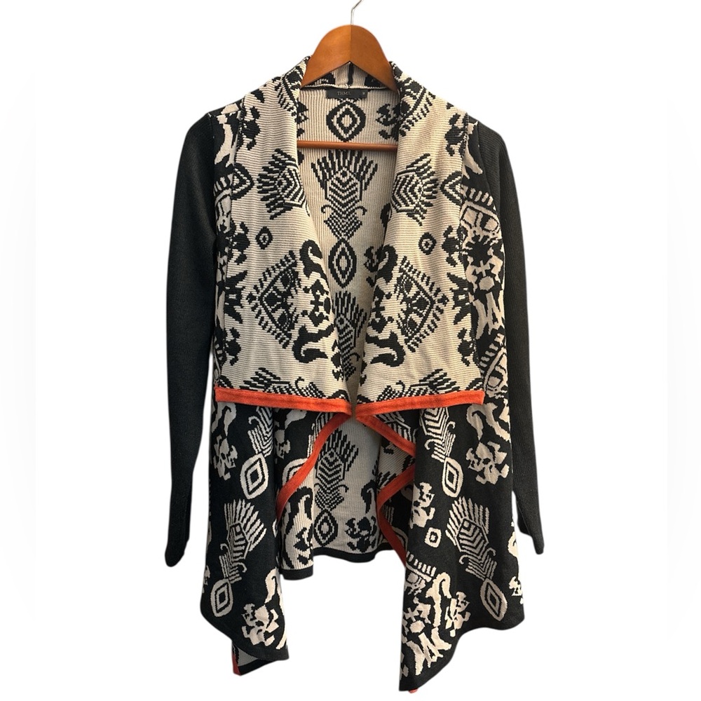 THML Black draped waterfall open front patterned cardigan size M